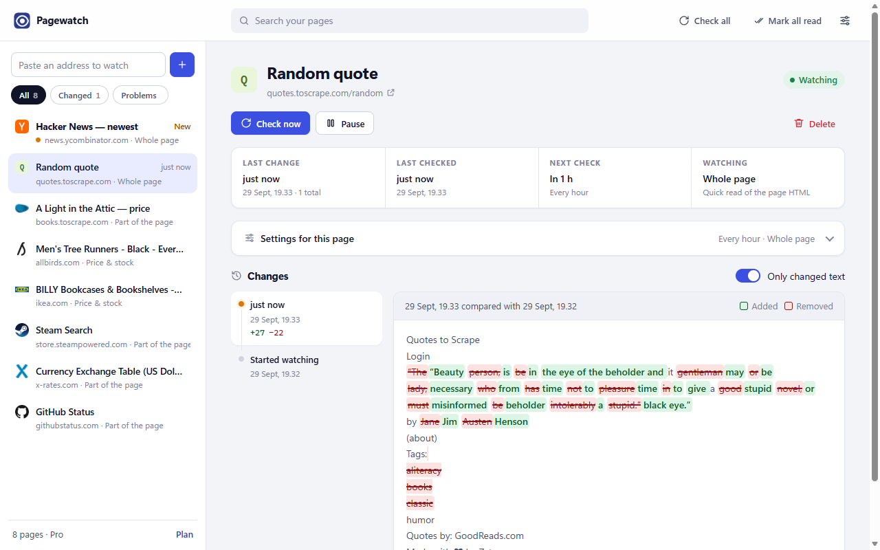 The Pagewatch dashboard: a list of watched pages on the left, and on the right the latest change to Hacker News, with added text highlighted in green and removed text in red.