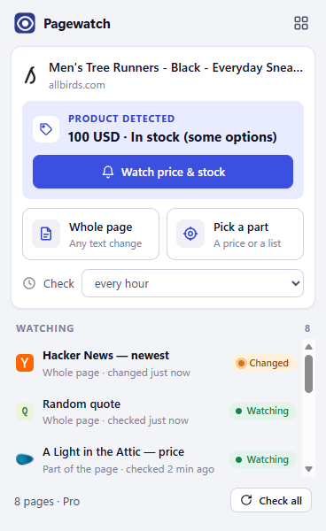 The Pagewatch popup on a shoe shop's product page, showing the detected price and stock with a button to watch them.